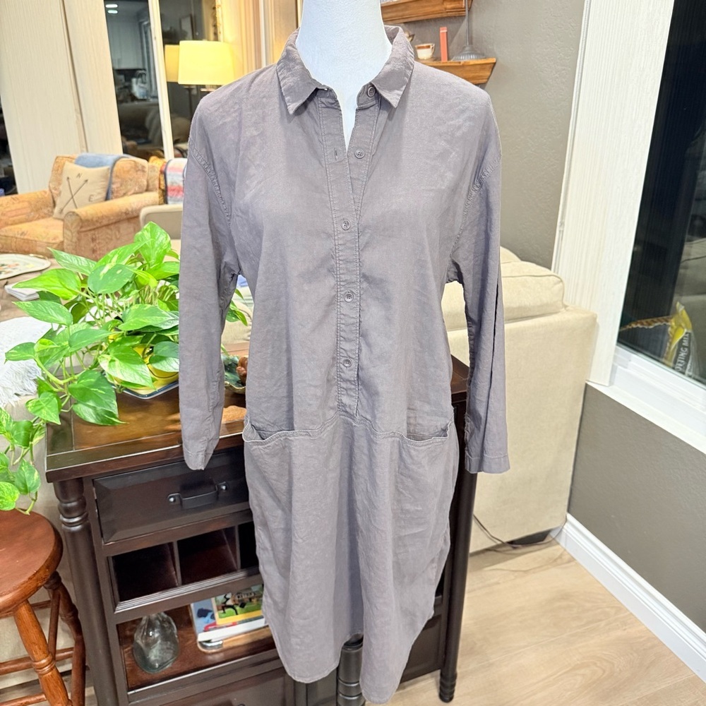 Eileen Fisher Brown Linen Spandex Button-Front Long Sleeve Midi Shirt Dress M